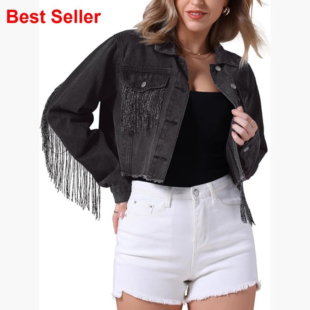 Cropped Denim Jacket with Fringe and Tassel Trim, Long Sleeve